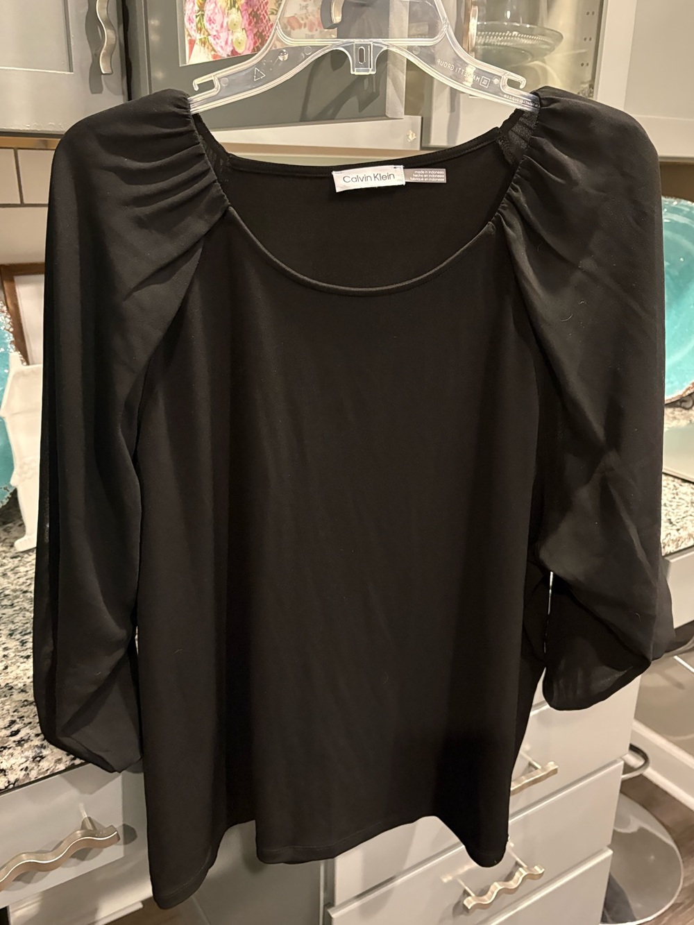 Calvin Klein Black Sheer Puff Sleeve Top